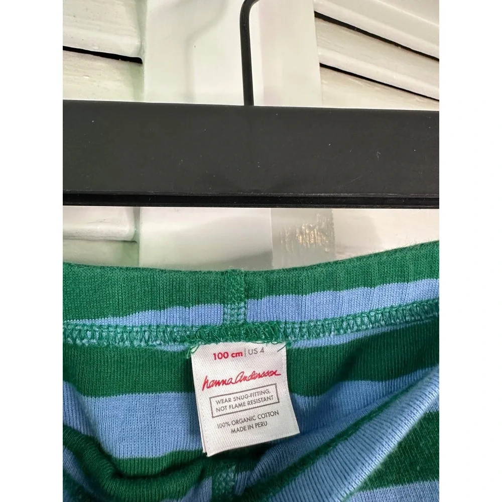 Hanna Andersson Size 100 4-5 Blue & Green Striped Organic Cotton Pajamas LJs